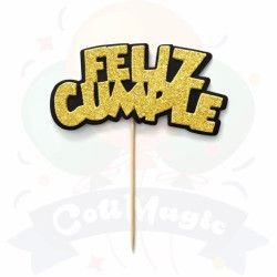 Toppers Feliz Cumple con glitter | COTIMAGIC - Tu tienda de cotillón