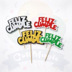 Toppers Feliz Cumple con glitter | COTIMAGIC - Tu tienda de cotillón