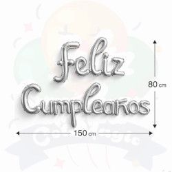 GLOBO FELIZ CUMPLEAÑOS CURSIVA - PLATEADO