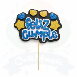 TOPPER  "FELIZ CUMPLE" - AZUL Y ORO
